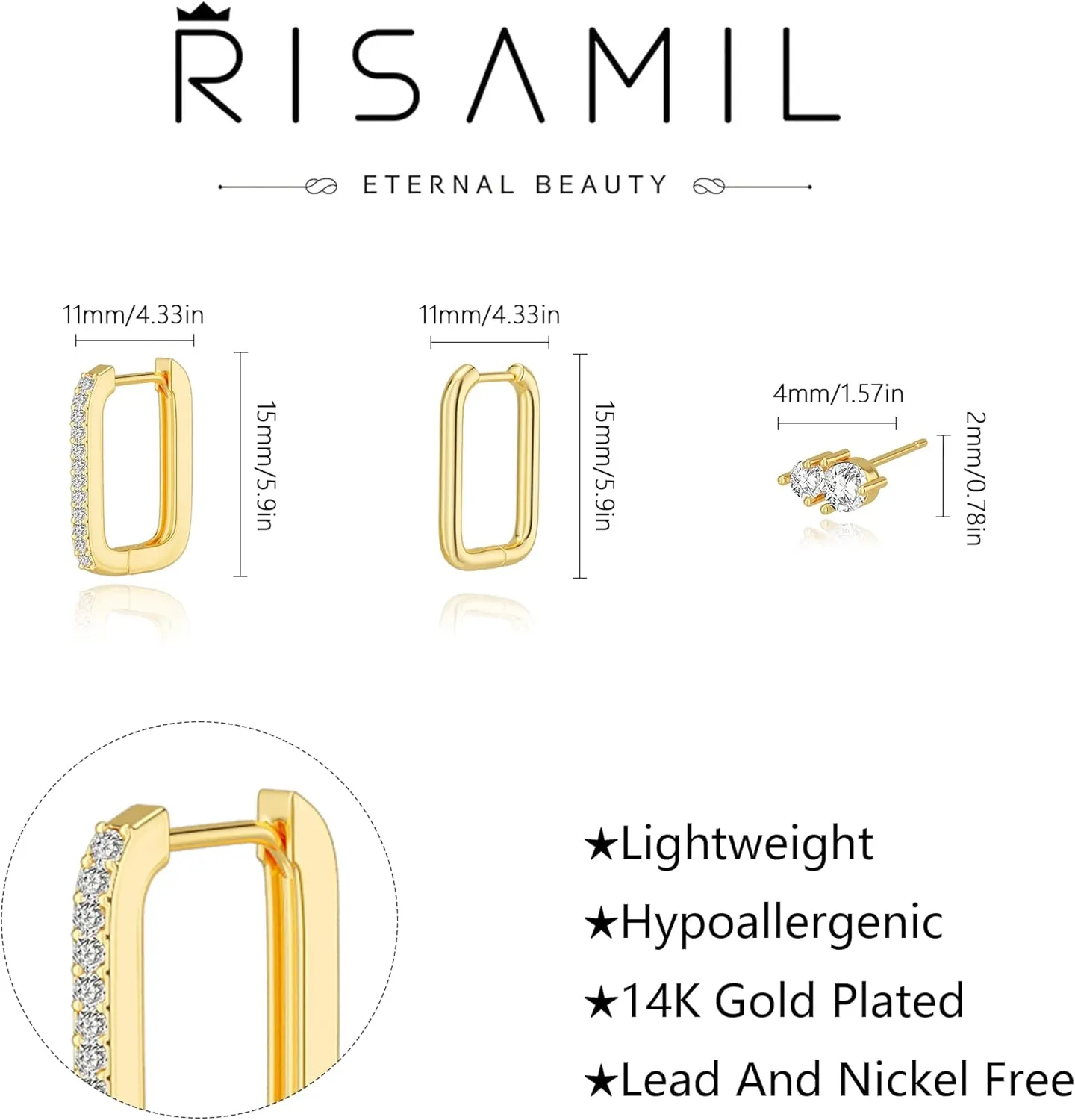 3 Pairs Gold Earrings for Women Trendy 14K Gold Plated Cubic Zirconia Hoop Stud Earrings Dainty Cartilage Hypoallergenic Dangle Huggie Earring Set Small Lightweight Gold Jewelry Gifts