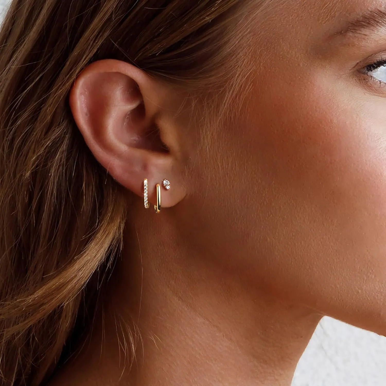 3 Pairs Gold Earrings for Women Trendy 14K Gold Plated Cubic Zirconia Hoop Stud Earrings Dainty Cartilage Hypoallergenic Dangle Huggie Earring Set Small Lightweight Gold Jewelry Gifts
