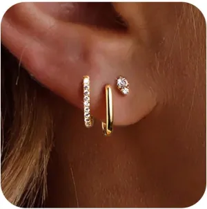 3 Pairs Gold Earrings for Women Trendy 14K Gold Plated Cubic Zirconia Hoop Stud Earrings Dainty Cartilage Hypoallergenic Dangle Huggie Earring Set Small Lightweight Gold Jewelry Gifts