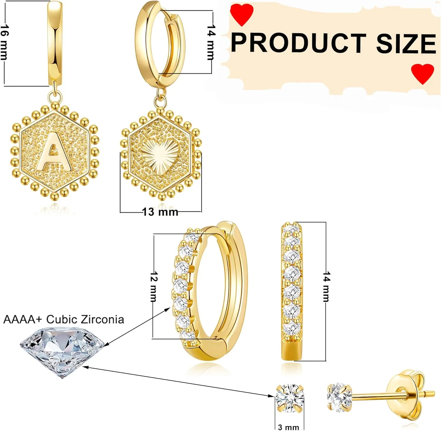 3 Pairs Gold Huggie Hoop Earrings and CZ Stud Earrings Set for Women, 14K Gold Hypoallergenic Plated Initial Dangle Hoop Earrings,Cubic Zirconia Tiny Earrings for Cartilage