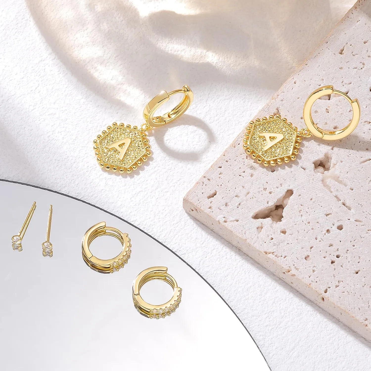 3 Pairs Gold Huggie Hoop Earrings and CZ Stud Earrings Set for Women, 14K Gold Hypoallergenic Plated Initial Dangle Hoop Earrings,Cubic Zirconia Tiny Earrings for Cartilage