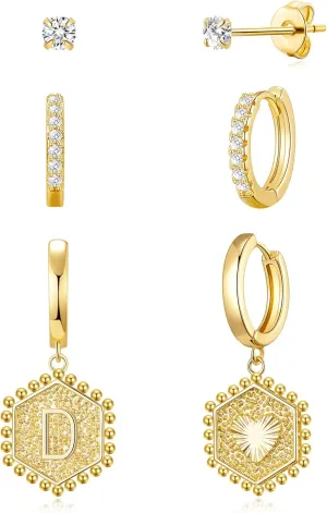 3 Pairs Gold Huggie Hoop Earrings and CZ Stud Earrings Set for Women, 14K Gold Hypoallergenic Plated Initial Dangle Hoop Earrings,Cubic Zirconia Tiny Earrings for Cartilage