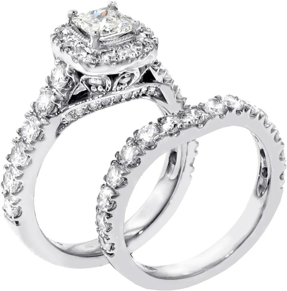 3.00 CT TW GIA Certified Halo Princess Cut Diamond Encrusted Engagement Bridal Set in Platinum