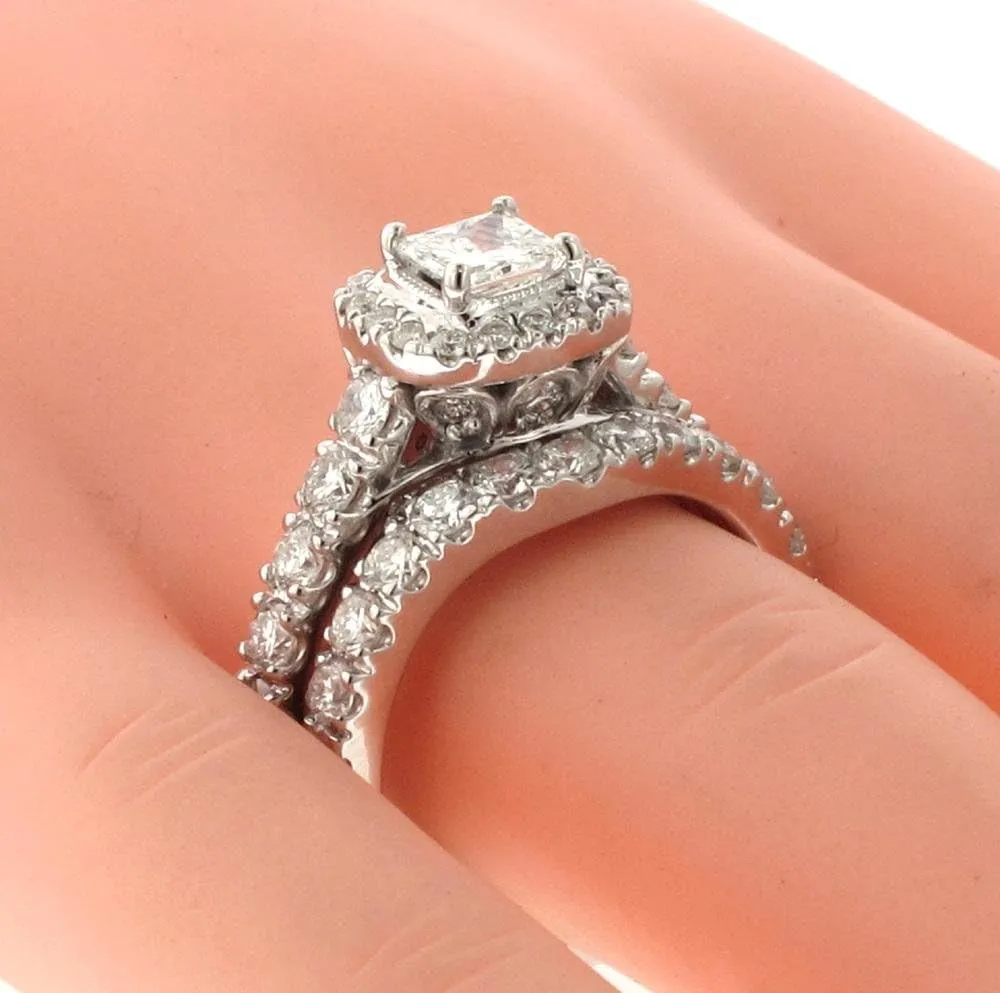 3.00 CT TW GIA Certified Halo Princess Cut Diamond Encrusted Engagement Bridal Set in Platinum