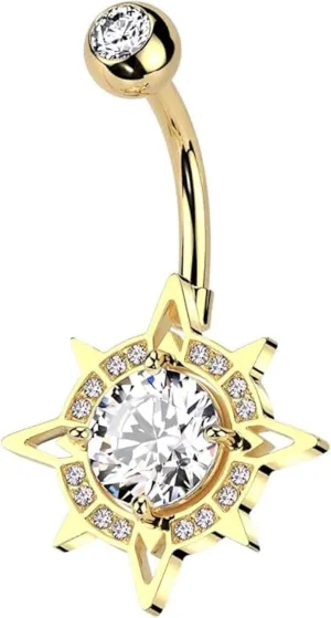 316L Surgical Steel CZ Center With CZ Edge Compass Belly Button Ring