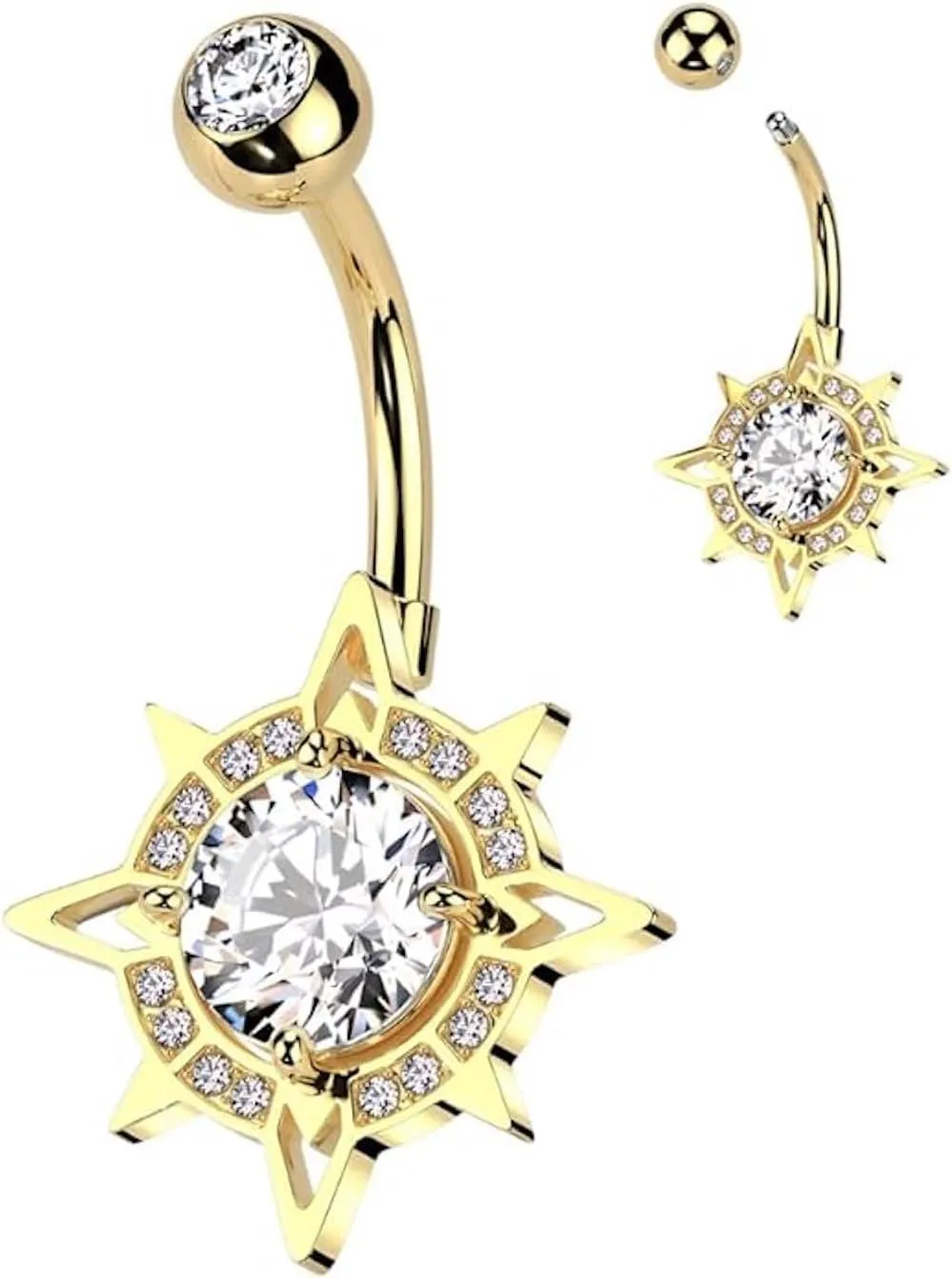 316L Surgical Steel CZ Center With CZ Edge Compass Belly Button Ring