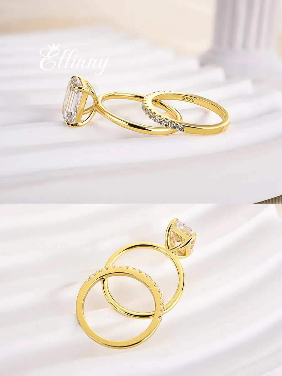 3.5ct Elongated Emerald Cut Wedding Ring Set,Solitaire Engagement Ring with Half Eternity Wedding Band,14K Yellow Gold Plated 925 Sterling Silver Bridal Ring Set