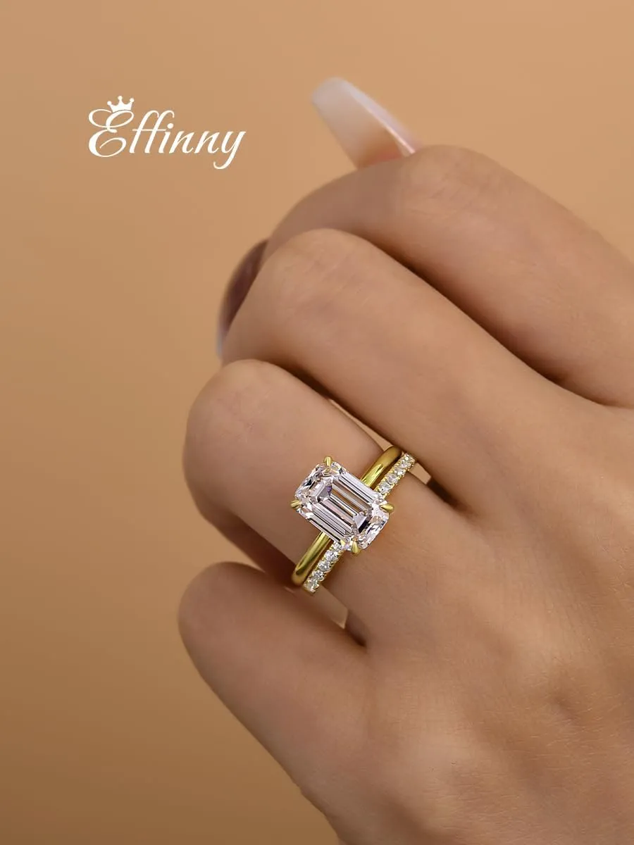 3.5ct Elongated Emerald Cut Wedding Ring Set,Solitaire Engagement Ring with Half Eternity Wedding Band,14K Yellow Gold Plated 925 Sterling Silver Bridal Ring Set