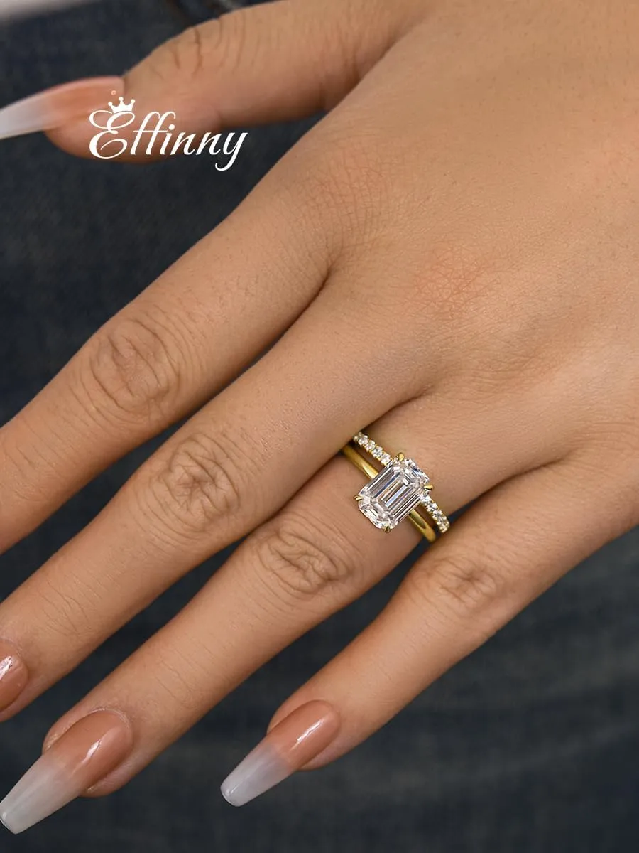 3.5ct Elongated Emerald Cut Wedding Ring Set,Solitaire Engagement Ring with Half Eternity Wedding Band,14K Yellow Gold Plated 925 Sterling Silver Bridal Ring Set