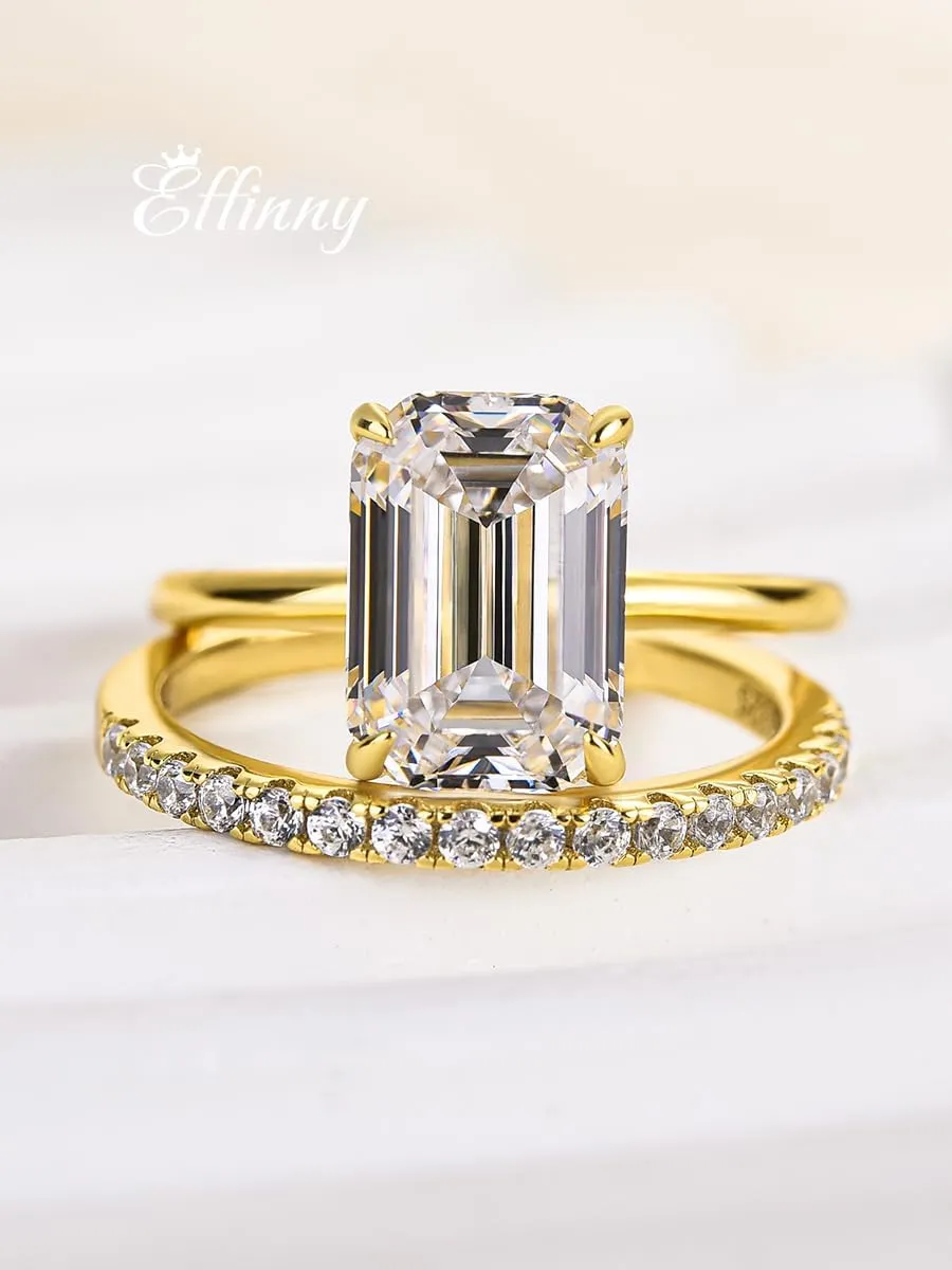 3.5ct Elongated Emerald Cut Wedding Ring Set,Solitaire Engagement Ring with Half Eternity Wedding Band,14K Yellow Gold Plated 925 Sterling Silver Bridal Ring Set