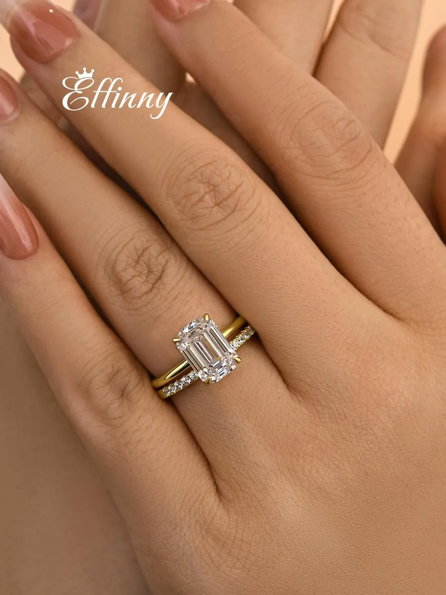 3.5ct Elongated Emerald Cut Wedding Ring Set,Solitaire Engagement Ring with Half Eternity Wedding Band,14K Yellow Gold Plated 925 Sterling Silver Bridal Ring Set