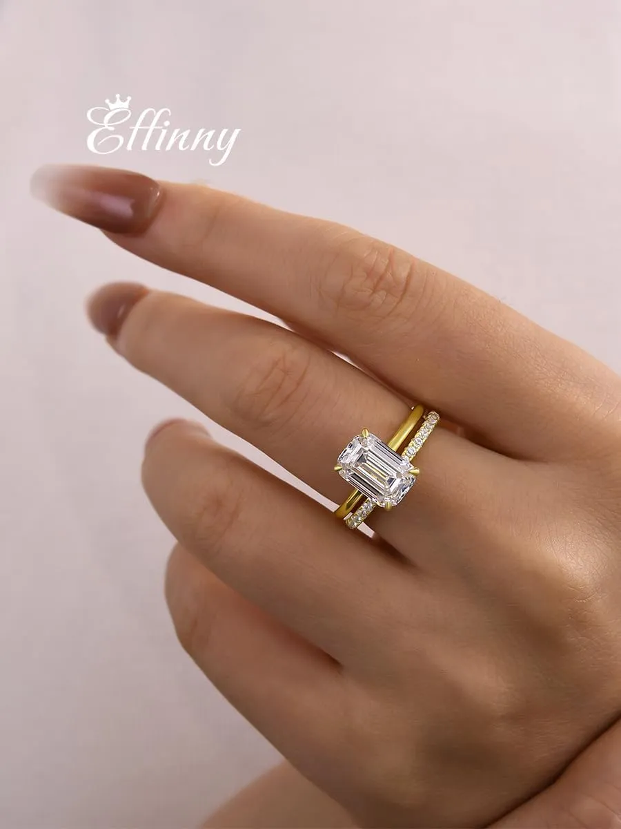 3.5ct Elongated Emerald Cut Wedding Ring Set,Solitaire Engagement Ring with Half Eternity Wedding Band,14K Yellow Gold Plated 925 Sterling Silver Bridal Ring Set