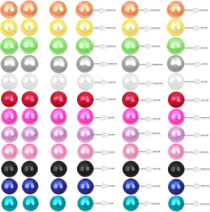 36 Pairs 10mm Colorful Faux Pearls Stud Earrings Cute Imitation Pearl Resin Small Ball Post Studs with Clear Earring Safety Backs Jewelry Set for Women Wedding Party Gifts