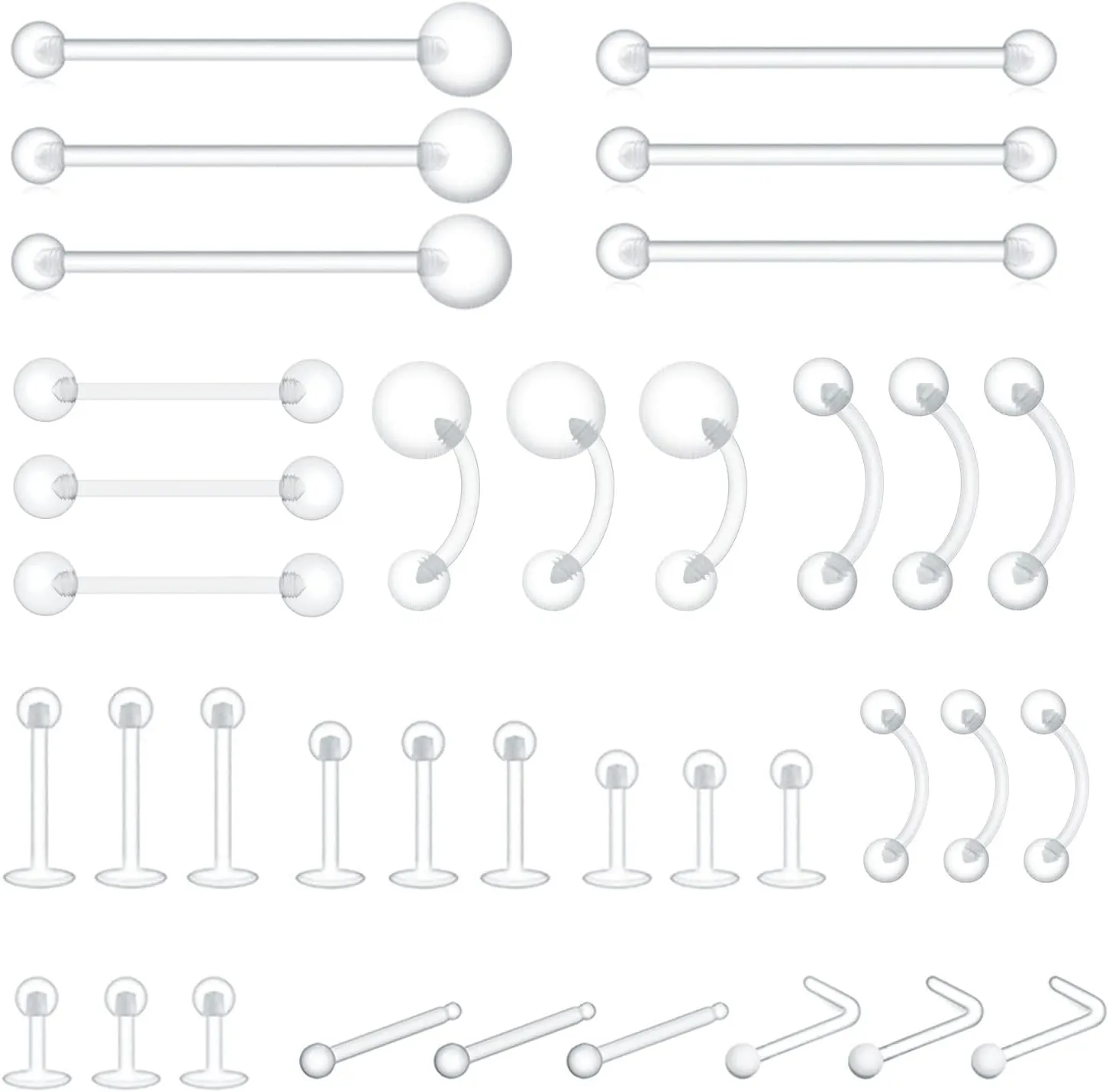 36pcs Clear Piercing Retainers Bioflex Plastic Jewelry for Nipple Tongue Nose Septum Eyebrow Belly Earrings Tragus Helix Cartilage Industrial Lip Labret Rings Studs For Surgery Mri