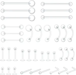 36pcs Clear Piercing Retainers Bioflex Plastic Jewelry for Nipple Tongue Nose Septum Eyebrow Belly Earrings Tragus Helix Cartilage Industrial Lip Labret Rings Studs For Surgery Mri