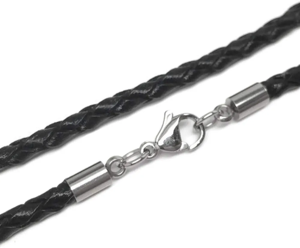 3mm Men's Black Braided Leather Necklace Cord with Stainless Steel Lobster Clasp (16-30 Inch)