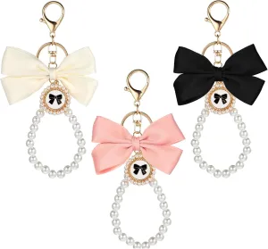 3Pcs Cute Bow Keychain for Women, Pearl Wristlet Ribbon Bow Keychain, Key Chains for Car Keys, Bow Bag Charm for Purse Handbags Backpack (Black Pink White)