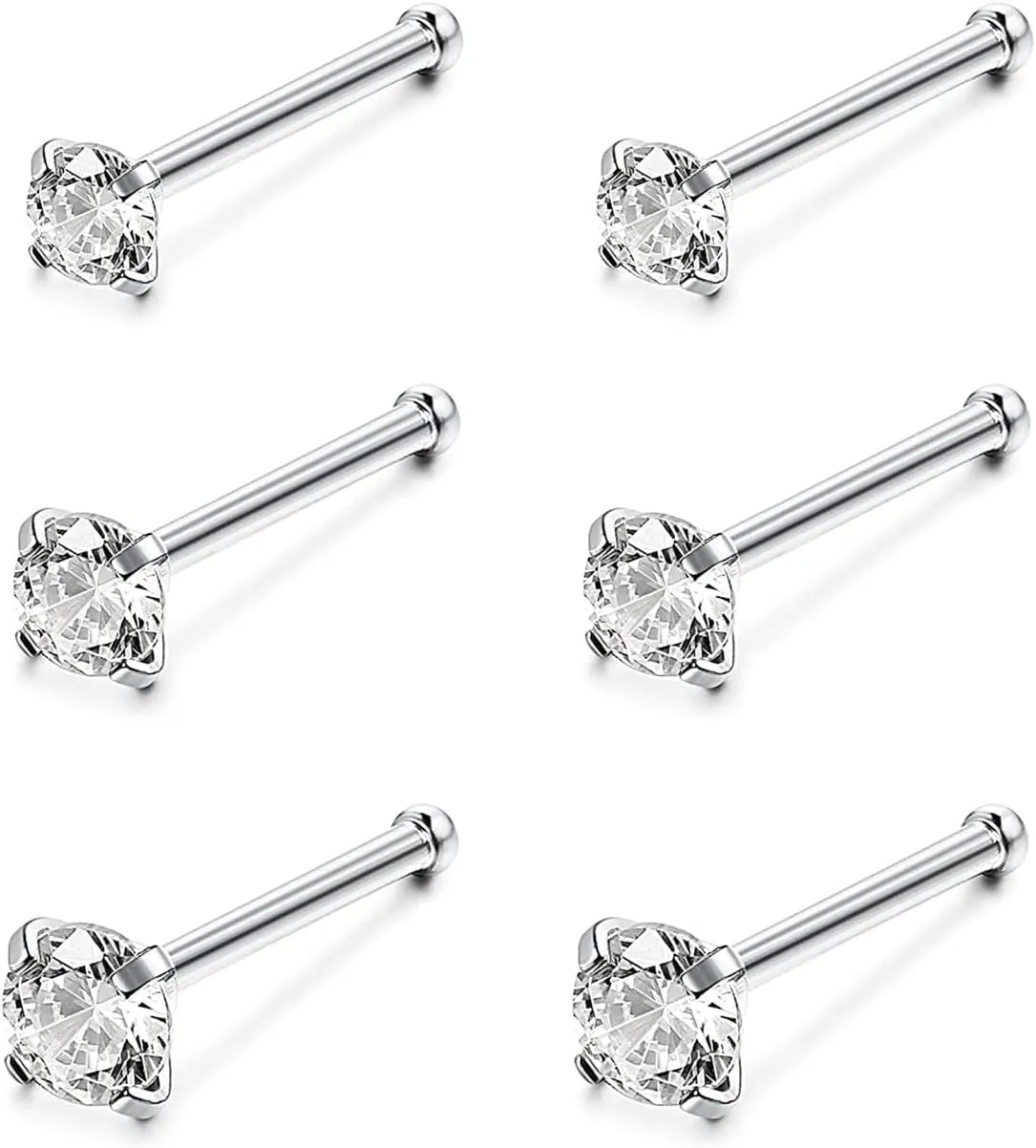 4-6pcs 20g Nose Rings Studs Surgical Steel Nose Rings CZ L Shaped Corkscrew Nose Ring Studs for Women Men Small Cute Silver Rose Gold Black Nose Rings Stud 1.5mm 2mm 2.5mm 3mm Nostril Piercing jewelry