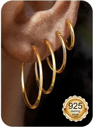 4 Pairs Sterling Silver Hoop Earrings for Women - Small 14K Gold Plated Hoop Earring Set, Hypoallergenic Lightweight Thin Silver Hoops for Sensitive Ears- Medium Big Stack Earrings for Women Gift