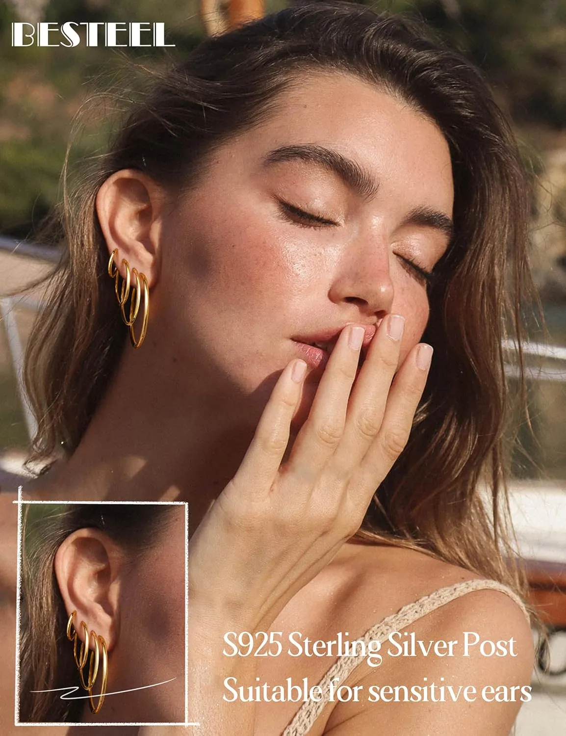 4 Pairs Sterling Silver Hoop Earrings for Women - Small 14K Gold Plated Hoop Earring Set, Hypoallergenic Lightweight Thin Silver Hoops for Sensitive Ears- Medium Big Stack Earrings for Women Gift