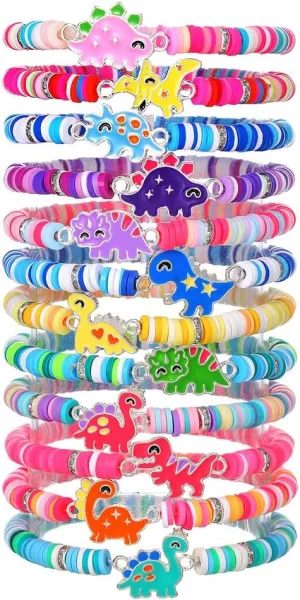 4Pcs Blingbling Macaron Crystal Bead Bracelets Kawaii Cartoon Enamel Dinosaur Fruits Flower Bracelet for Women Qute Best Friend Friendship Jewelry Birthday Graduation Gifts