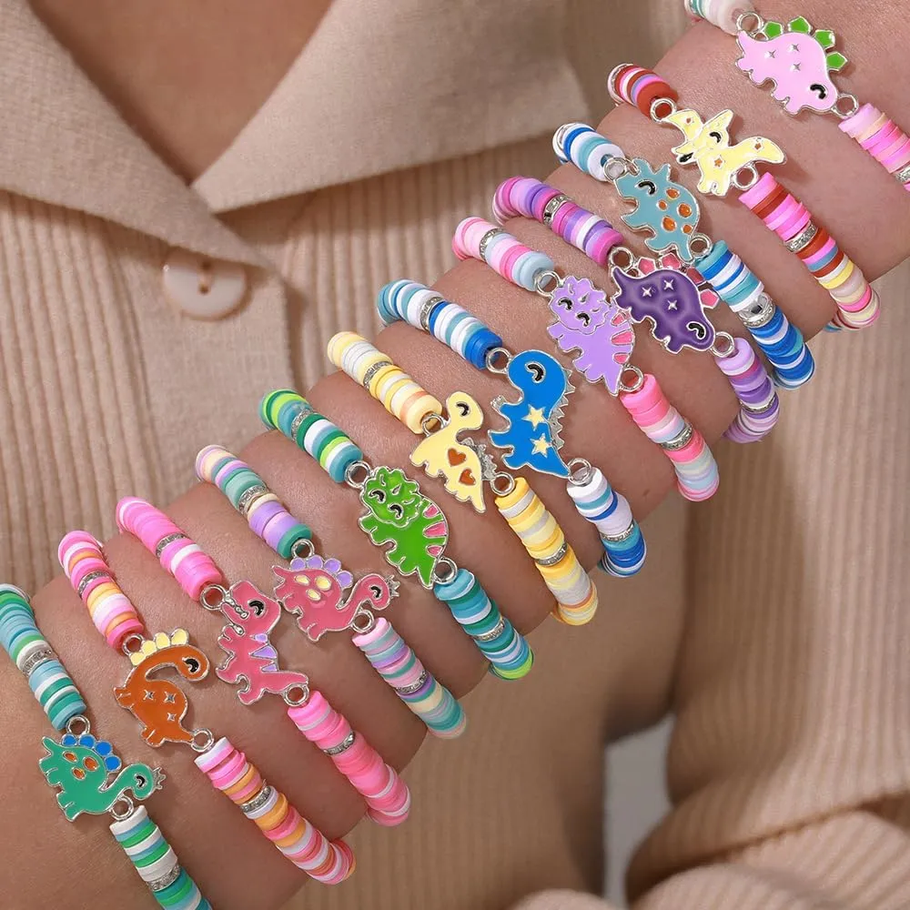 4Pcs Blingbling Macaron Crystal Bead Bracelets Kawaii Cartoon Enamel Dinosaur Fruits Flower Bracelet for Women Qute Best Friend Friendship Jewelry Birthday Graduation Gifts