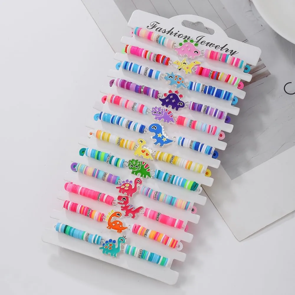 4Pcs Blingbling Macaron Crystal Bead Bracelets Kawaii Cartoon Enamel Dinosaur Fruits Flower Bracelet for Women Qute Best Friend Friendship Jewelry Birthday Graduation Gifts