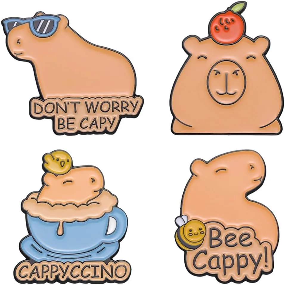 4Pcs Don't Worry Be Capy Enamel Pins Cute Animal Badges Lapel Pins Cartoon Coffee Orange Bee Capybara Brooches for Backpacks Jacket Accessories Gift, Brown