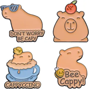4Pcs Don't Worry Be Capy Enamel Pins Cute Animal Badges Lapel Pins Cartoon Coffee Orange Bee Capybara Brooches for Backpacks Jacket Accessories Gift, Brown