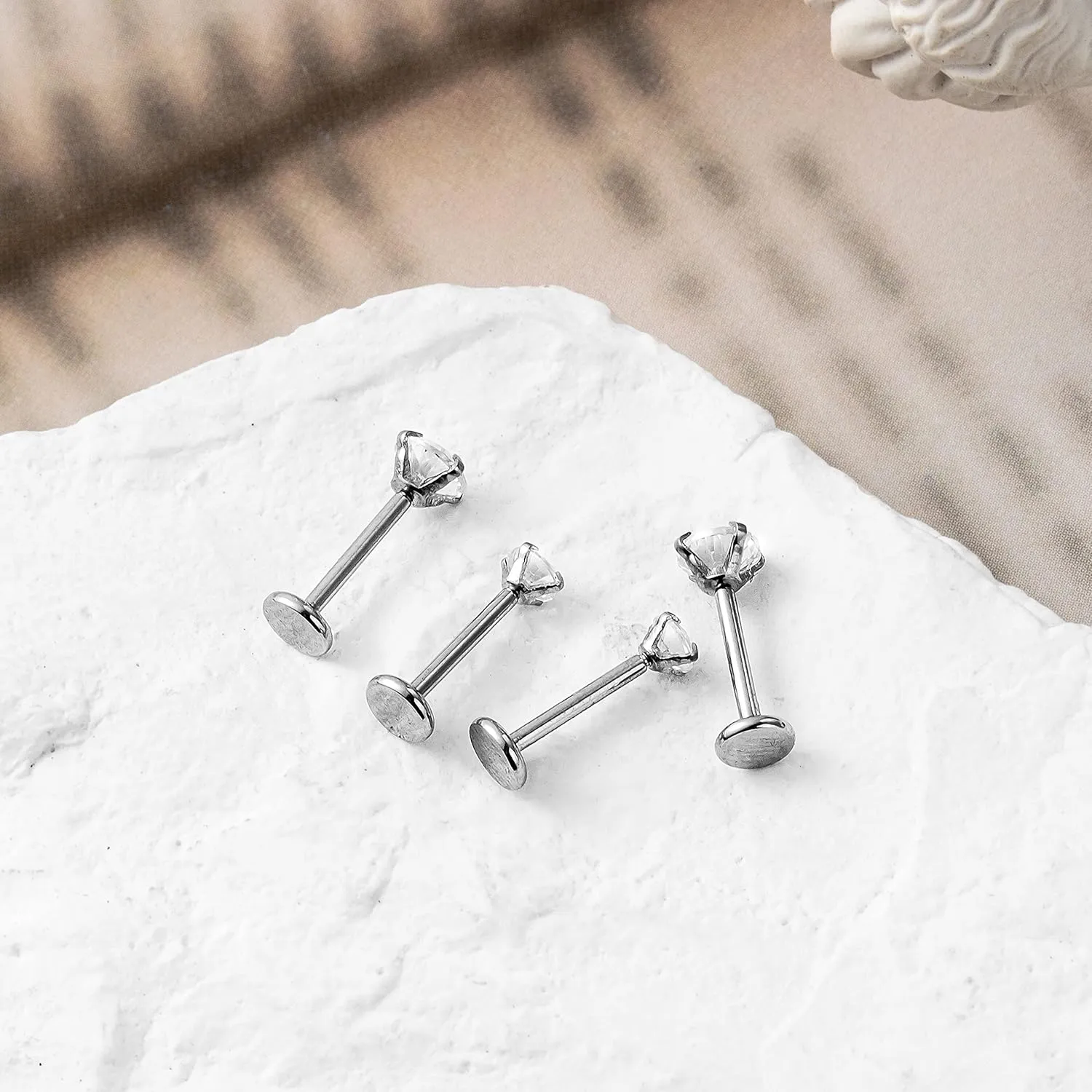 4Pcs Labret Monroe Lip Rings Titanium Clear CZ Push in Lip Studs Press Fit Threadless Lip Labret Piercing Jewelry Tragus Helix Earrings Studs Nose Ring 18G 20G 3mm 4mm CZ