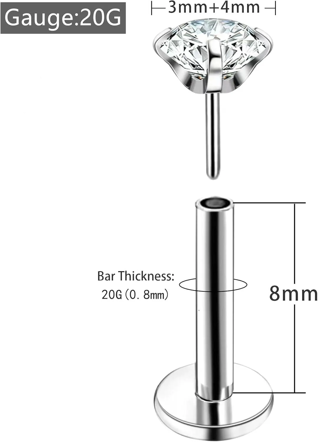 4Pcs Labret Monroe Lip Rings Titanium Clear CZ Push in Lip Studs Press Fit Threadless Lip Labret Piercing Jewelry Tragus Helix Earrings Studs Nose Ring 18G 20G 3mm 4mm CZ
