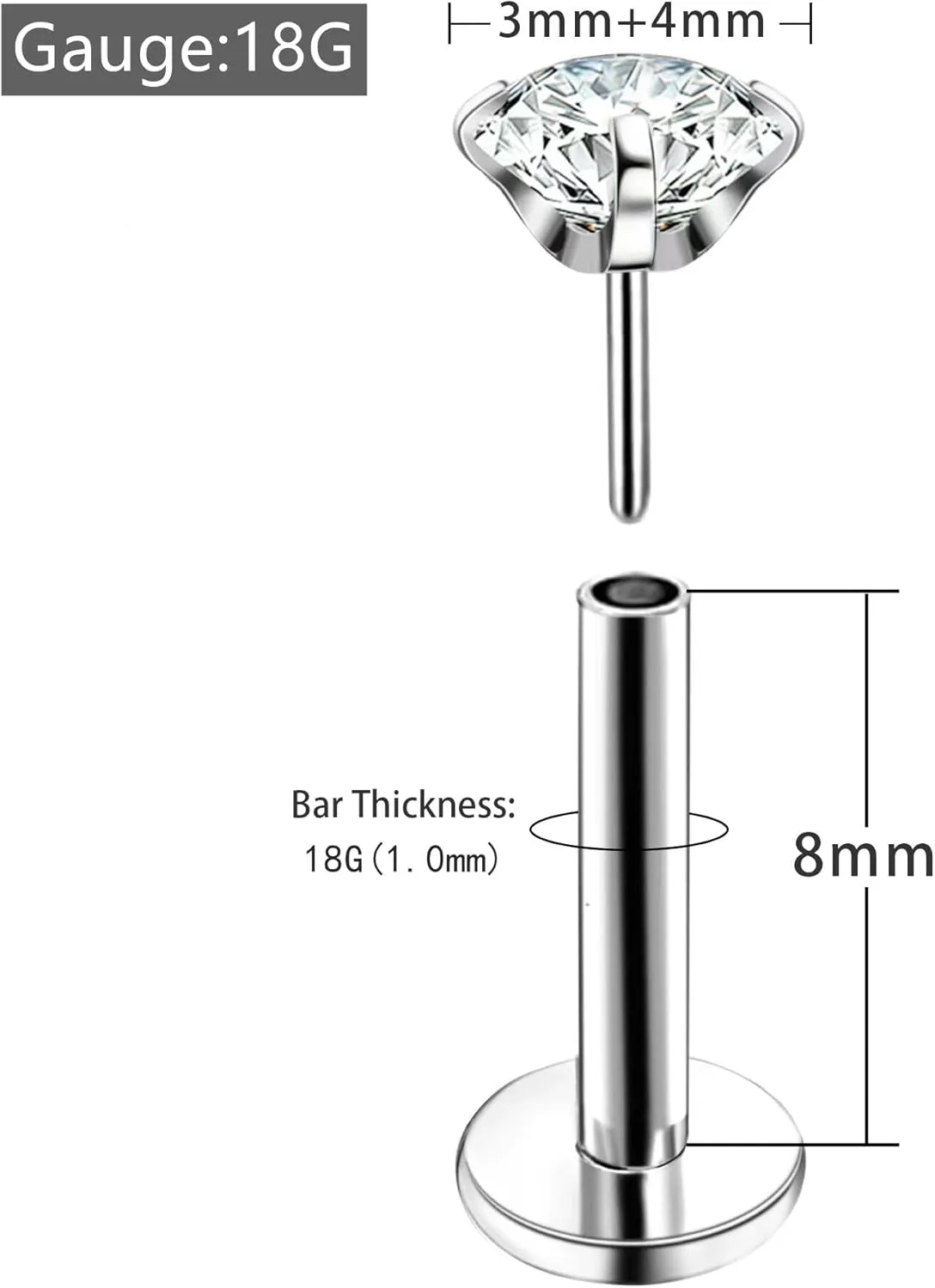 4Pcs Labret Monroe Lip Rings Titanium Clear CZ Push in Lip Studs Press Fit Threadless Lip Labret Piercing Jewelry Tragus Helix Earrings Studs Nose Ring 18G 20G 3mm 4mm CZ