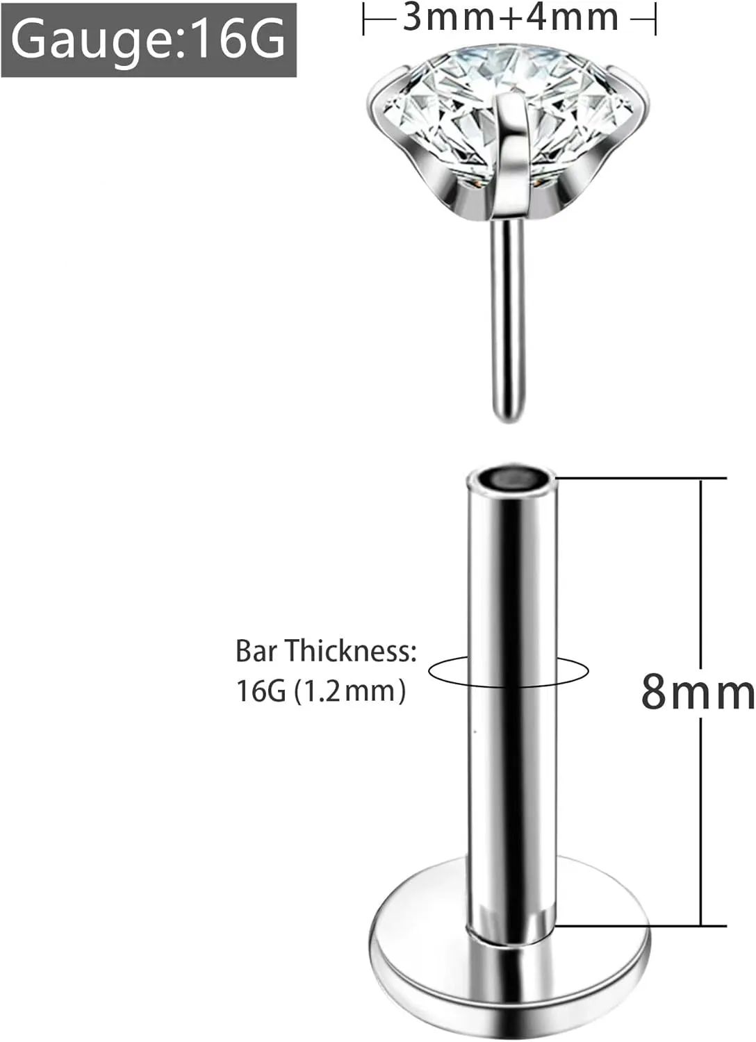 4Pcs Labret Monroe Lip Rings Titanium Clear CZ Push in Lip Studs Press Fit Threadless Lip Labret Piercing Jewelry Tragus Helix Earrings Studs Nose Ring 18G 20G 3mm 4mm CZ