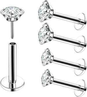4Pcs Labret Monroe Lip Rings Titanium Clear CZ Push in Lip Studs Press Fit Threadless Lip Labret Piercing Jewelry Tragus Helix Earrings Studs Nose Ring 18G 20G 3mm 4mm CZ