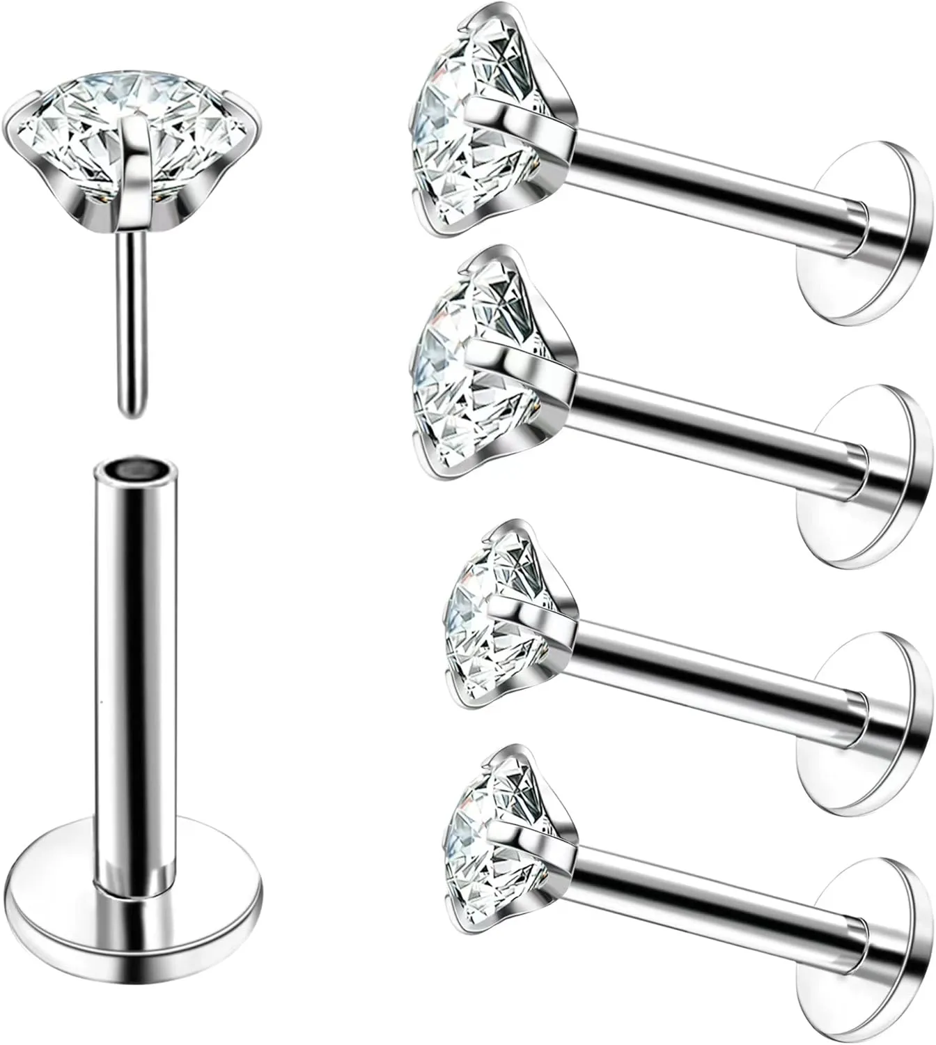 4Pcs Labret Monroe Lip Rings Titanium Clear CZ Push in Lip Studs Press Fit Threadless Lip Labret Piercing Jewelry Tragus Helix Earrings Studs Nose Ring 18G 20G 3mm 4mm CZ