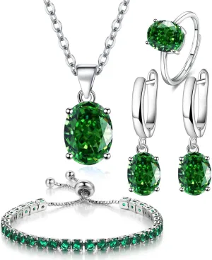 4pcs Set Zirconia Pendant ellipse Necklace Earrings Ring Tennis Bracelet Set Silver Crystal Fashion Adjustable Jewelry for Women Wife Party Prom Engagement Wedding Gifts