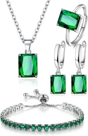 4pcs Set Zirconia Pendant square Necklace Earrings Ring Tennis Bracelet Set Silver Crystal Fashion Adjustable Jewelry for Women Wife Party Prom Engagement Wedding Gifts