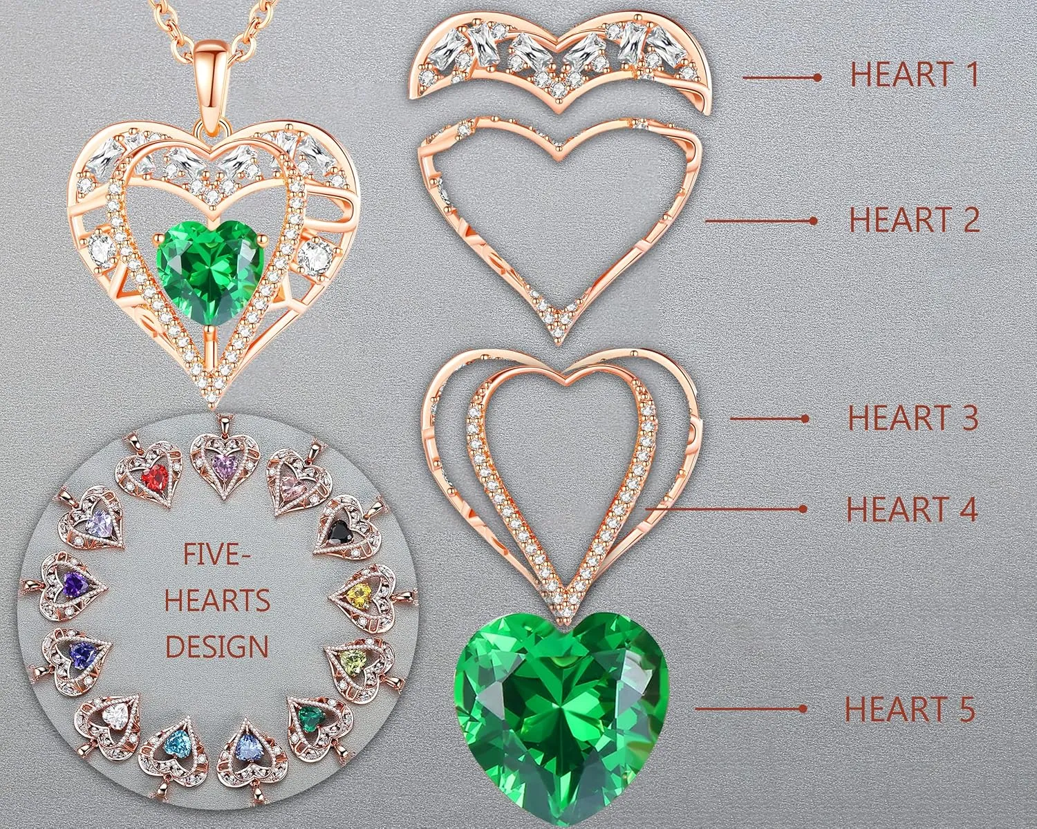 5 Heart Crystal Necklace 18K Rose Gold Plated - Pendant with 18 2 925 Sterling Silver Chain - Birthstone Jewelry for Women and Girls - Gift for Birthday, Christmas