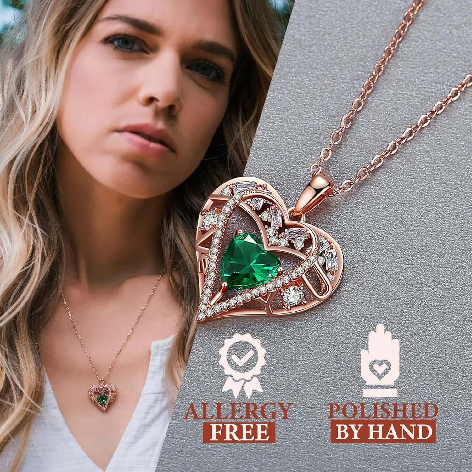 5 Heart Crystal Necklace 18K Rose Gold Plated - Pendant with 18 2 925 Sterling Silver Chain - Birthstone Jewelry for Women and Girls - Gift for Birthday, Christmas