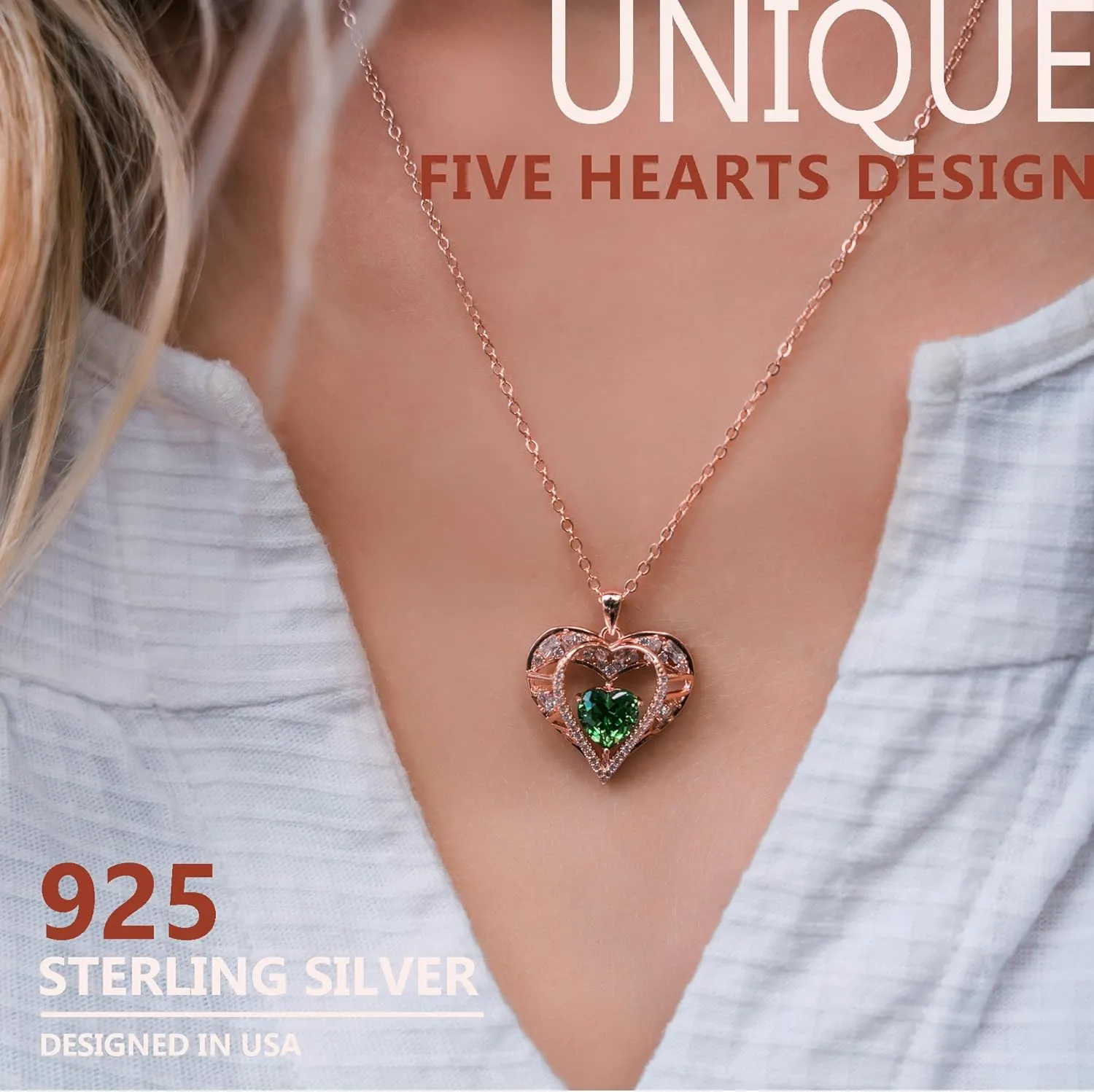 5 Heart Crystal Necklace 18K Rose Gold Plated - Pendant with 18 2 925 Sterling Silver Chain - Birthstone Jewelry for Women and Girls - Gift for Birthday, Christmas