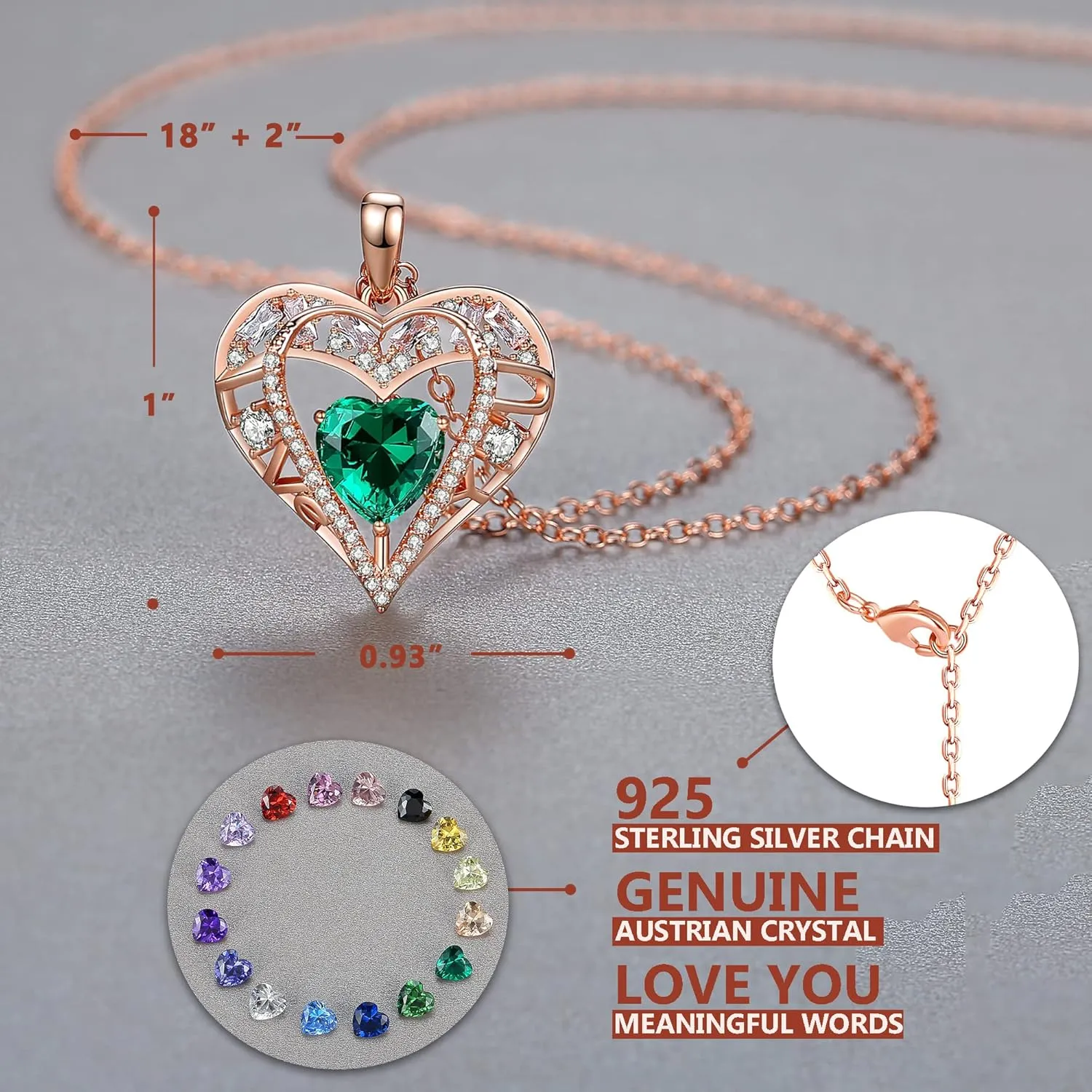 5 Heart Crystal Necklace 18K Rose Gold Plated - Pendant with 18 2 925 Sterling Silver Chain - Birthstone Jewelry for Women and Girls - Gift for Birthday, Christmas
