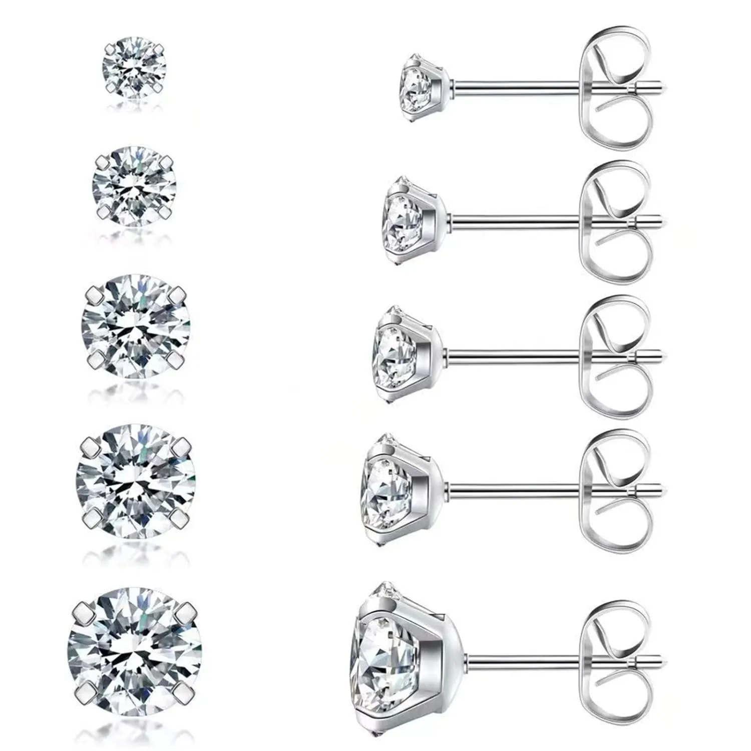 5 Pairs CZ Stud Earrings Set,Hypoallergeni Cubic Zirconia for Women Girls,316l Stainless Surgical Steel Cz Earrings Piercing Ear Cartilage 3-8mm
