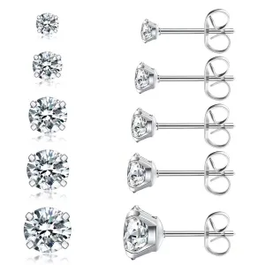 5 Pairs CZ Stud Earrings Set,Hypoallergeni Cubic Zirconia for Women Girls,316l Stainless Surgical Steel Cz Earrings Piercing Ear Cartilage 3-8mm