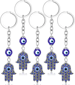 5 Pieces Hamsa Hand Keychain Evil Eye Silver Keychain Fatima Protection Charms Blue Good Luck Key Holder for Attaching to Keys and Bags