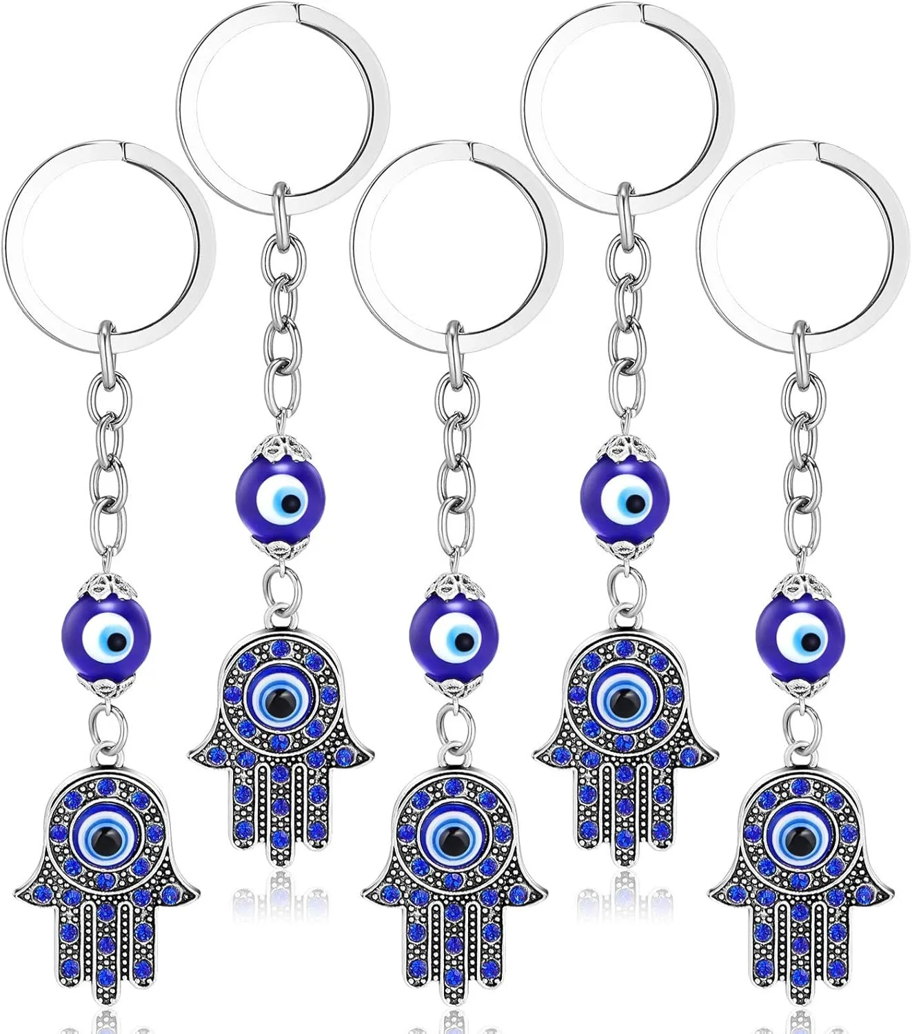 5 Pieces Hamsa Hand Keychain Evil Eye Silver Keychain Fatima Protection Charms Blue Good Luck Key Holder for Attaching to Keys and Bags