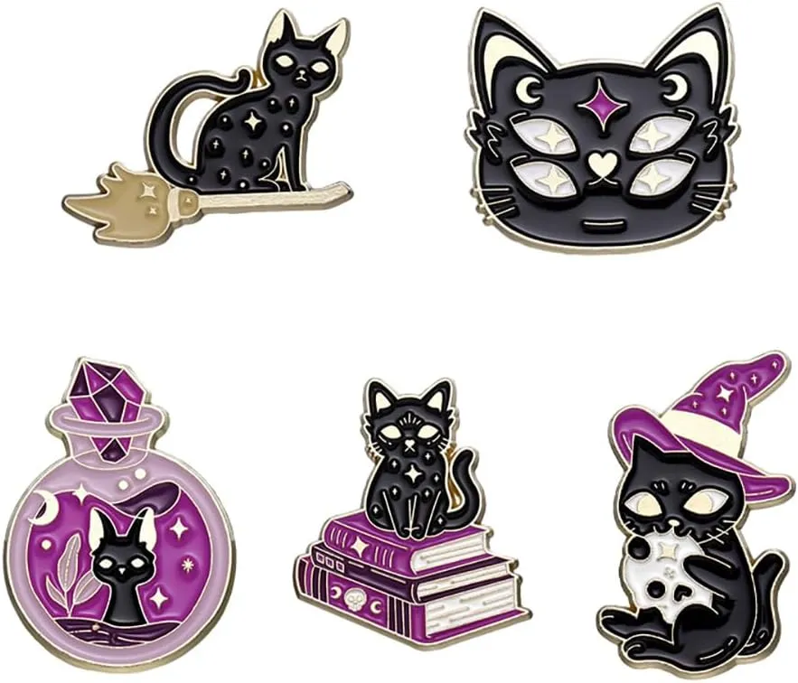 5Pcs Magic Black Cat Brooches Pins Set for Women Girls Men Cartoon Animal Kitten Witch Hat Poison Bottle Broom Book Enamel Lapel Pin Hat Dress Backpack Badges Jackets Jeans Brooch Cute Halloween Festival Holiday Jewelry Gifts for Bags