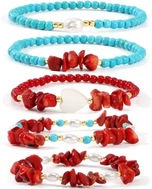 5PCS/set Red Jasper Turquoise Beads Elastic Bracelet for Women,Gold Plated Beads Pearl White Heart Bracelets Charm Fashion Jewelry Gifts