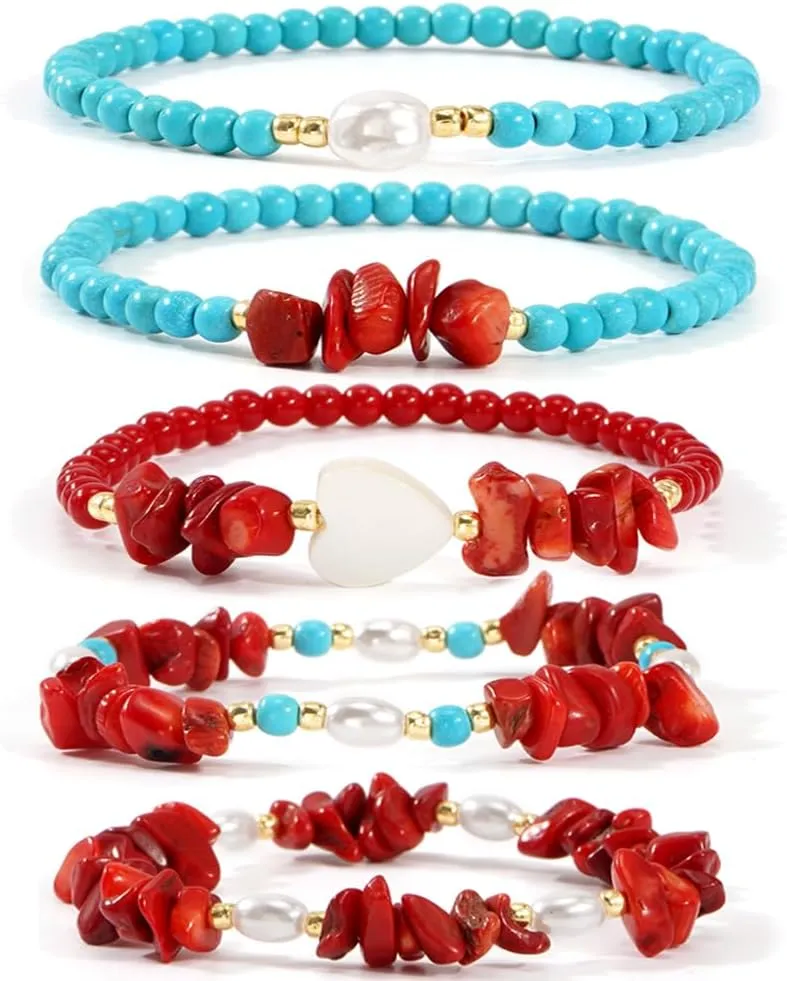 5PCS/set Red Jasper Turquoise Beads Elastic Bracelet for Women,Gold Plated Beads Pearl White Heart Bracelets Charm Fashion Jewelry Gifts