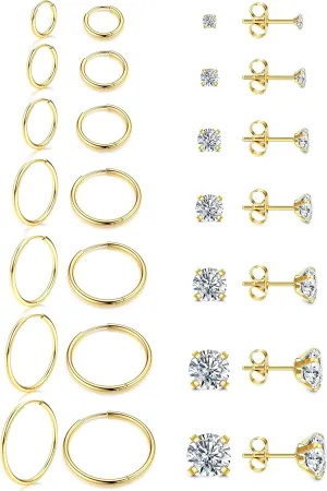 6-14 Pairs Cartilage Earrings Sets for Women Men Stainless Steel Lightweight Tiny Huggie Hoop Earrings for Multiple Piercing 14k Gold Plated Flatback CZ Stud Earrings for Sensitive Ear 20G