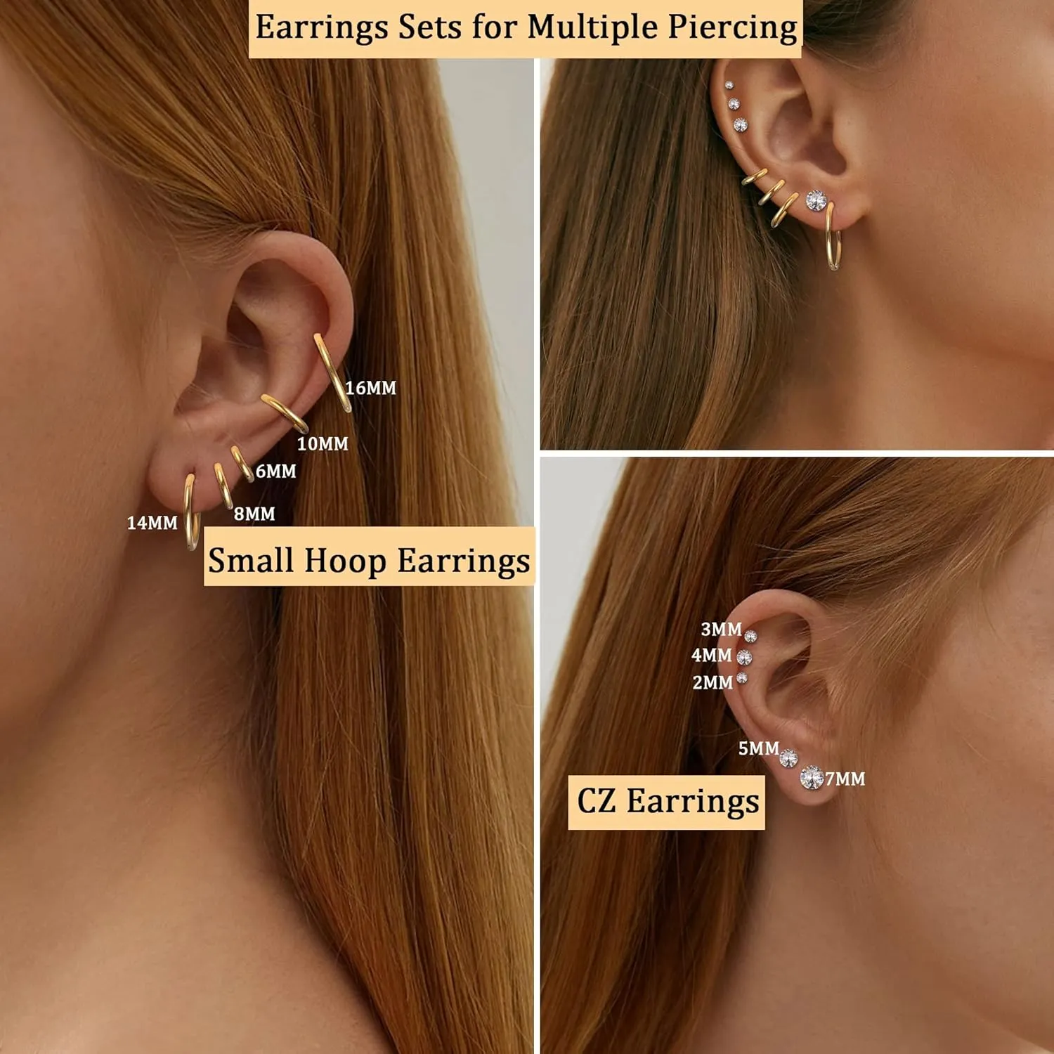 6-14 Pairs Cartilage Earrings Sets for Women Men Stainless Steel Lightweight Tiny Huggie Hoop Earrings for Multiple Piercing 14k Gold Plated Flatback CZ Stud Earrings for Sensitive Ear 20G
